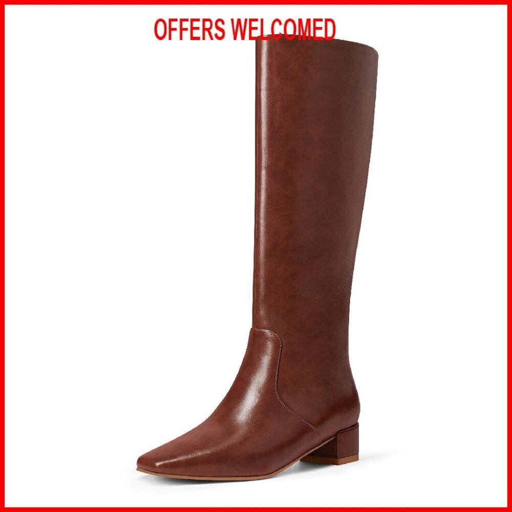Knee High Boots Women Kitten Heel Pointed Toe Slip On Side Zipper